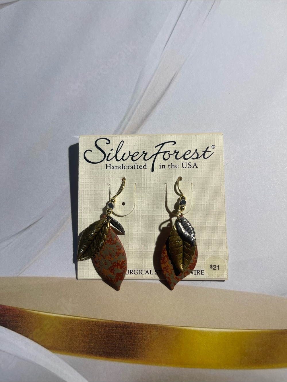 Silver Forest Green and Bronze Leaf Dangle Earrings